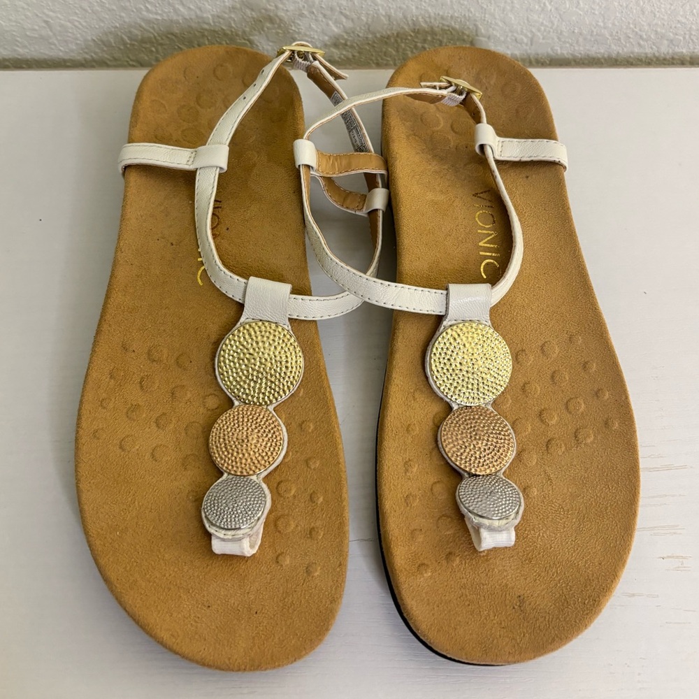Vionic Orthaheel Women’s 9 Lizbeth T-Strap Orthotic Thong Sandals Leather Tan